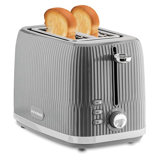 Innoteck Kitchen Pro 2 Slice Toaster - Grey Ridged Textured Body and Stainless-Steel Mechanism - 7 browning controls Including Defrost, Reheat & Cancel Functions - Making the Toast Quickly & Evenly