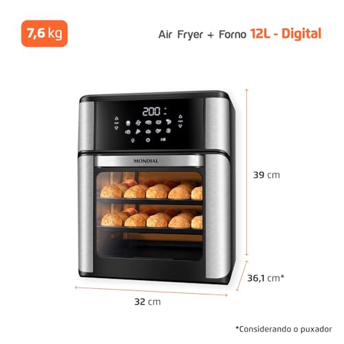 Fritadeira Air Fryer Forno Oven 12 Litros, Mondial, Preto/Inox, 2000W, 110V - AFO-12L-BI