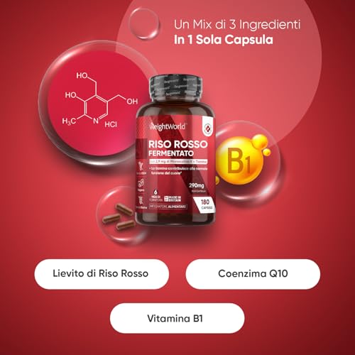 Riso Rosso Fermentato, 2,9 mg, Monacolina K, Vitamina B1 Tiamina Coenzima Q10 (6 mesi) 1 Capsula al Giorno di Integratore Riso Rosso, 180 Riso Rosso Fermentato Capsule, Lievito Riso Rosso Integratore - 2