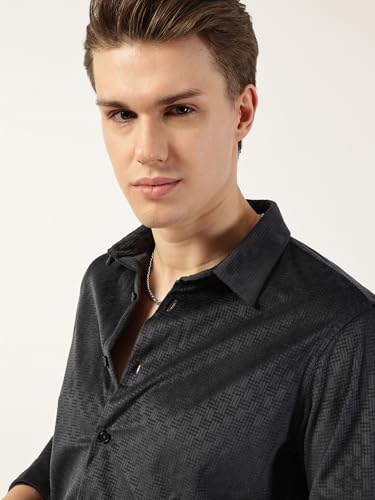 Image of Thomas Scott Men's | Solid | Textured Fabric | Full Sleeve | Slim Fit | Polyester-Blend | Spread Collar | Casual Shirt
