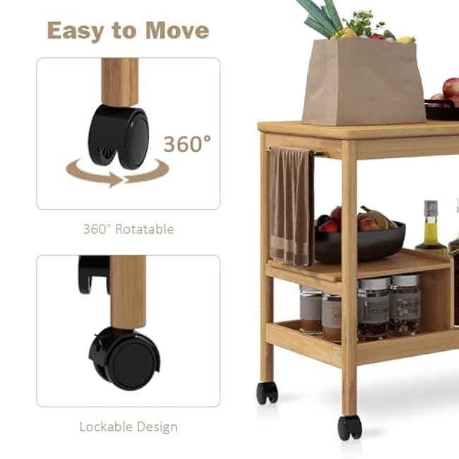 Bamboo Kitchen Rolling Cart w/Wheels, 3 Tier Bamboo Rolling Utility Cart Microwave Stand on Wheels Small Coffee Cart Shelf Rack Organizer for Kitchen, Living Room, Office-2cwFtXYE