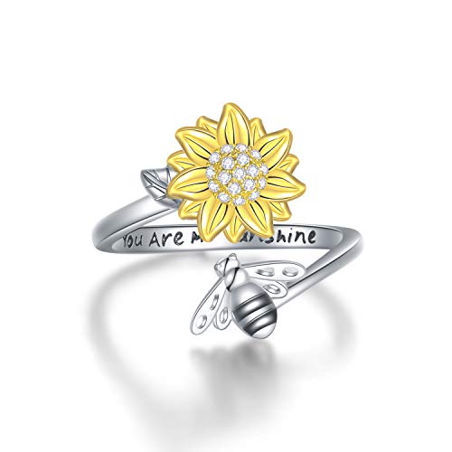 WINNICACA 925 Sterling Silver Sunflower Butterfly Rings for Women,You Are My Sunshine Adjustable Ring Jewelry Gifts (Bee Ring)