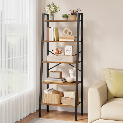 Hoctieon 5-stöckiges Industrieleiter Bücherregal schmales Leiterregal Regal wandregal schmales offenes Leiterregal für Wohnzimmer Home Office Küche Schlafzimmer rustikales Braun 17x12x69