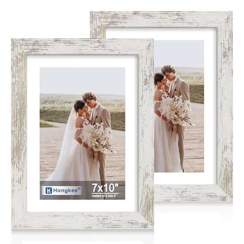 Hongkee 7x10 Picture Frame Set of 2, Made of Real Glass and Distressed White Wooden Frame - Display 5.5 x 8.5 Diploma Frame with Mat or 7x10 Without Mat, 7 by 10 Photo for Wall or Tabletop