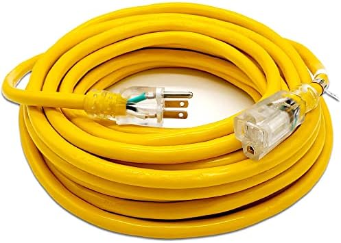 50 ft - 12 Gauge Heavy Duty Lighted SJTW Indoor/Outdoor Yellow Extension Cord by Watt's Wire - 50' 12-Gauge Grounded 15-Amp Power-Cord (50 Foot 12-Awg Yellow)
