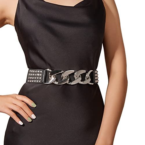 Women's Studded Vintage Belts Fashion Leather Elastic Stretchy Punk Thick with Chain for Dresses