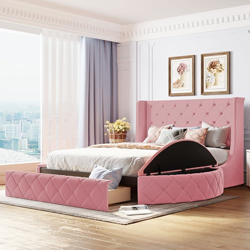 MERITLINE Queen Upholstered Platform Bed with Storage,Velvet Bed with Headboard,1