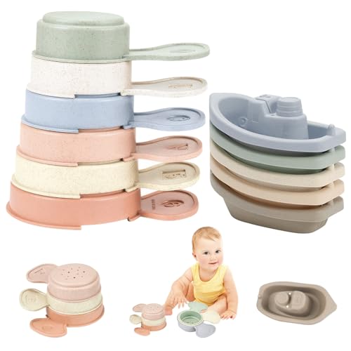 11 pezzi/set giocattoli da bagno per bambini dai 6 mesi in su, include 6 barche galleggianti e 5 mestoli da bagno impilabili con fori, doccia per giocattoli da piscina per bambini