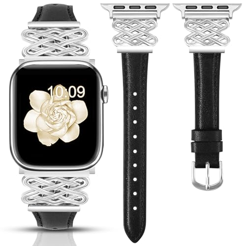 Image of Newlibery Leather Band for Women Slim Dressy Bands Compatible with Apple Watch 38mm 40mm 41mm 42mm 44mm 45mm 49mm, Designer Interlock Buckle Strap for iWatch Series 10 /9 /8 /7 /6 /5 /4 /3 /2 /1 /SE /Ultra