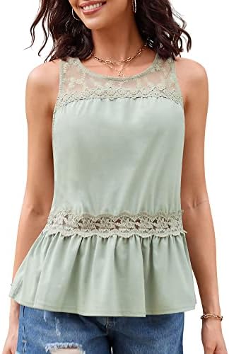 CALSUZ Womens Tank Tops Peplum Lace Trim Dressy Sleeveless Shirts Crew Neck Casual Summer Trendy Vest Tunic Green XL