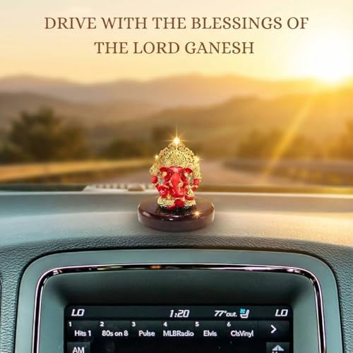 Image of Gold Plated Kalpavrikshya Tree Ganesh Idol Ganpati Murti for Car Dashboard, Office Desk, Hindu God Gift & Home Decor - Resin (Red) - 3 Inches - Pack of 1