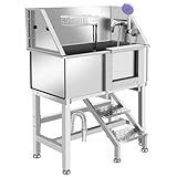 OLIPIC Stainless Steel Dog Washing Station for Large Dogs, Dog Grooming Tub for Home, Professional Dog Bathtub Bathing Station, Pet Wash Station, Dog Shower Tub with Stairs, Drain & Door,34" R-RAMP