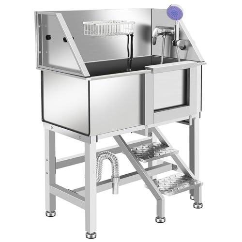 OLIPIC Stainless Steel Dog Washing Station for Large Dogs Dog Grooming Tub for Home Professional Dog Bathtub Bathing Station Pet Wash Station Dog Shower Tub with Stairs Drain & Door 34 R-RAMP
