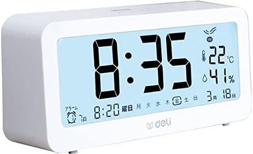Deli 目覚まし時計 電波時計 メーカー2年保証 文字も大きくてみやすい 乾電池式 画面が明る 温度計・湿度計付き 多機能デジタル時計 静音 スヌーズ機能 コンパクトでシンプル ファッショナブルな外観 簡単な操作で 置き時計(14.6cm,白)