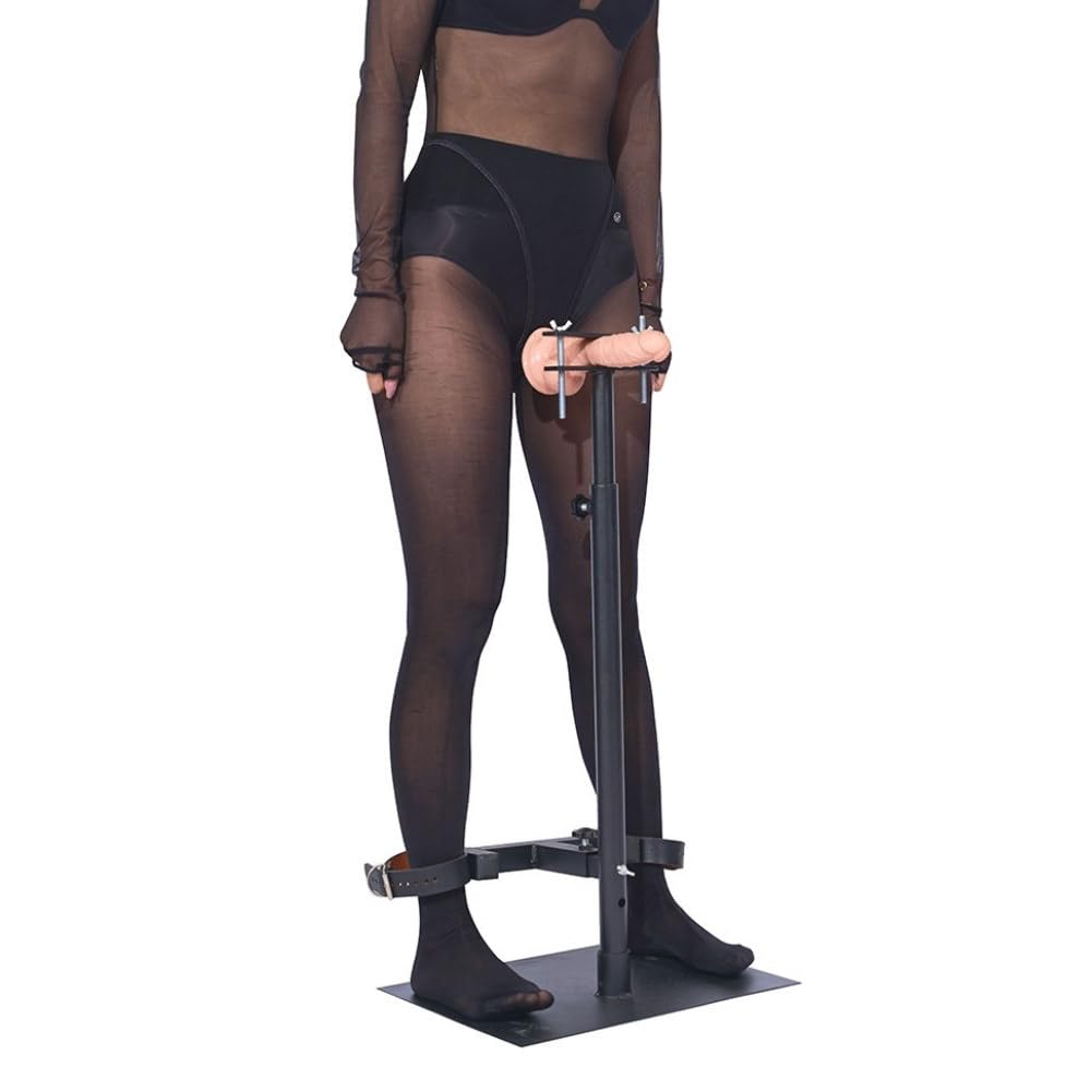 Exprimidor de pene de pie sin piedad - exprimidor de testículos BDSM de altura ajustable con esposas de tobillo, prensa de pene para una intensa experiencia bondage para avanzados y principiantes.
