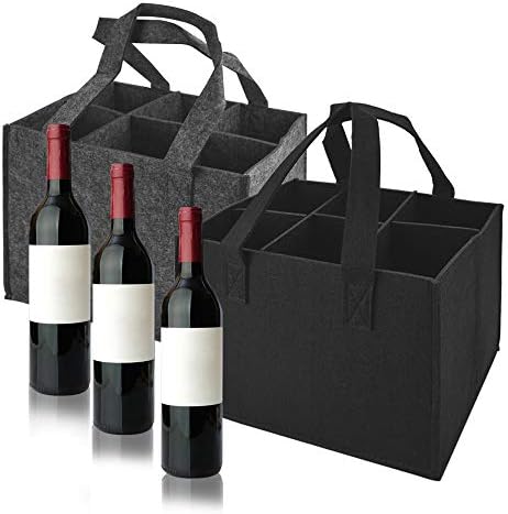 XAVSWRDE 2 PCS Wine Bottle Carrier Bag 6 Bottles, Portable Wine Bottle Bag Reusable Wine Bottle Holder Bag Felt Beer Wine Tote Bag with Carry Handle & Removable Divider for Travel (Gray & Black Gray) 