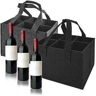 XAVSWRDE 2 PCS Wine Bottle Carrier Bag 6 Bottles, Portable Wine Bottle Bag Reusable Wine Bottle Holder Bag Felt Beer Wine Tote Bag with Carry Handle & Removable Divider for Travel (Gray & Black Gray) 