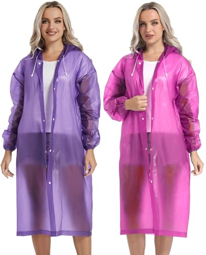 2PCS Rain Ponchos for Adults Reusable Raincoats Emergency Survival With Hoods&Sleeves for Women Men