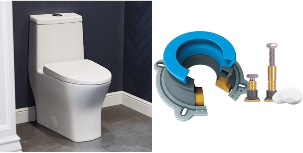 Swiss Madison SM-1T257 Sublime II Compact 24'' Length One Piece Toilet Dual Flush 0.8/1.28 GPF with Side Holes, Glossy White & NEXT BY DANCO All-in-One Toilet Installation Kit (10879X) , Blue - - 
