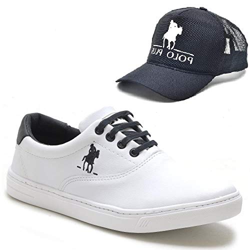 Kit Tênis Casual Polo Sapatênis Masculino Almofadado + Boné Cor:Branco,Tamanho:41