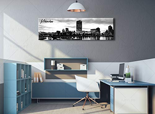 Image of DJSYLIFE Milwaukee Skyline Wall Art Black and White Stretched Canvas Wall Art Prints for Bedroom or Office Decoration Ready to Hang 13.8 inch x 47.3 inch