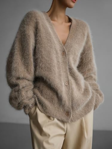 Image of chouyatou Women Furry Open Front Cardigan V-Neck Loose Casual Fluffy Knit Button Down Sweater Coat