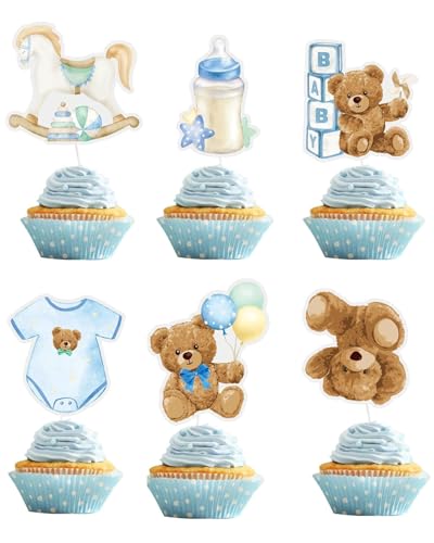 HUVZOR 24 peças Toppers bolo Baby Shower batizo criança, decoração adorno bolo bolo papel cartão cartucho ursinho roupa bebé cavalo madeira festa aniversário nascimento gender real (azul)