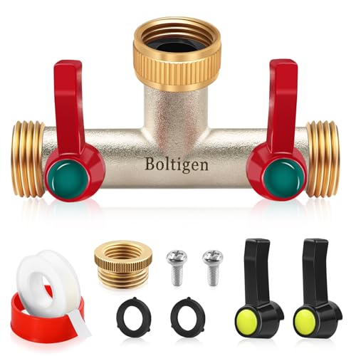 Boltigen Divisor de manguera de jardín GHT de 3/4 pulgadas, divisor de manguera de agua resistente de 2 vías, divisor extensor de grifo de latón chapado en níquel, divisor de manguera de jardín tipo T
