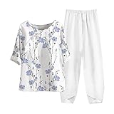 Women's 2023 Summer Two Piece Outfits Ladies boho palazzo pants loose casual trousers plus size Womens Linen 3/4 Sleeve Blouse Crew Neck Summer Casual Tops