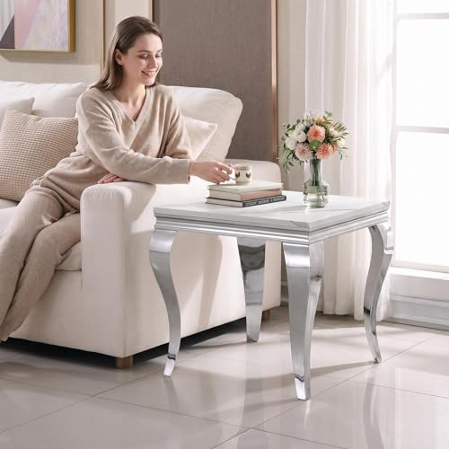Image of Luxury Coffee Table Set of 2, Rectangular Coffee Table with End Side Table, Modern 2 Piece Living Room Table Set with Faux Marble Top & Silver Stainless Steel S Legs for Apartment Home Office