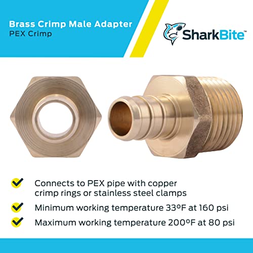 Image of SharkBite 1 /2 Inch Crimp MNPT Male Adapter, Pack of 10, Brass Plumbing Fitting, PEX Pipe, Copper, UC120LFA10