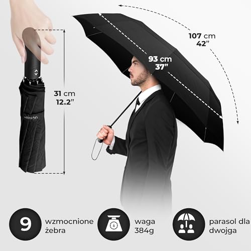 Parasol Kieszonkowy Burzowy + Otwieranie-Zamykanie Automatyczne & Torba| Mężczyźni Kobiety Dzieci Podróżny - Kompaktowy Stabilny, Teflonowy Wiatro- I Deszczoodporny | Golfowy, Czarny