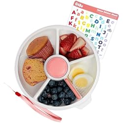 GoBe Kids Large Snack Spinner Slide Bundle with Hand Strap and Sticker Sheet - Reusable Snack Container with 4 Compartment Dispenser and Lid | BPA/PVC Free | Dishwasher Safe | No Spill - Coral Pink