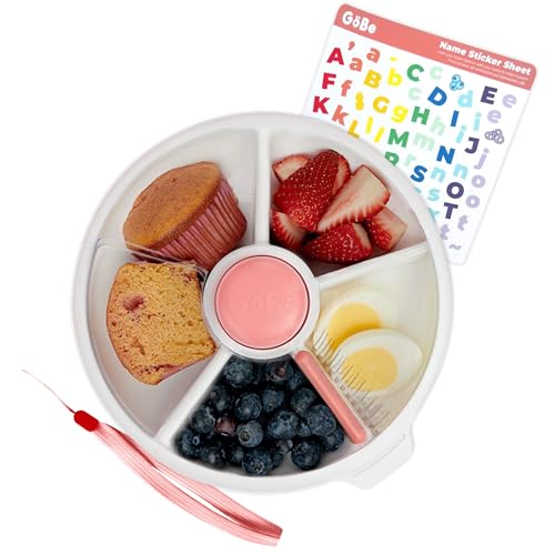 Image of GoBe Kids Large Snack Spinner Slide Bundle with Hand Strap and Sticker Sheet - Reusable Snack Container with 4 Compartment Dispenser and Lid | BPA /PVC Free | Dishwasher Safe | No Spill - Coral Pink