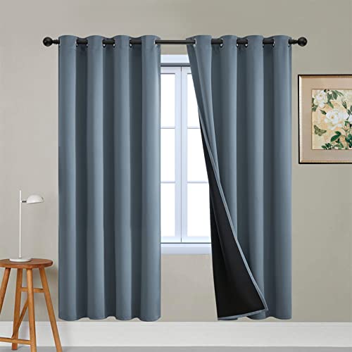 Image of Yakamok Total Blackout Curtains, 2 Thick Layers Completely Blackout Soild Thermal Insulated Drapes with Black Liner for Bedroom(52Wx72L, Stone Blue, 2 Panels)