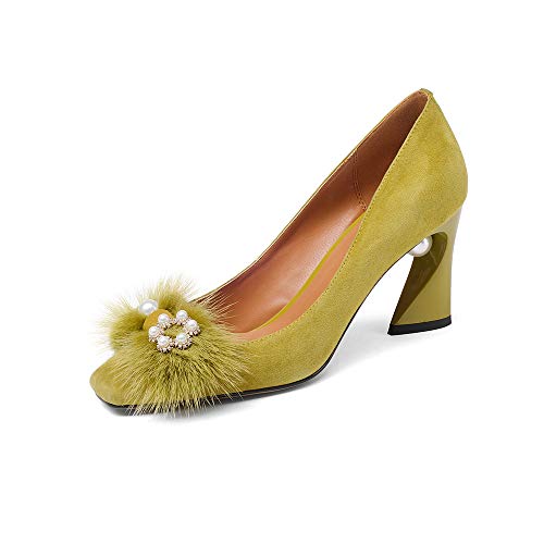 Suede Leather Women's Square Toe Chunky Heels Vintage Floral Handmade Dress Pump Shoes with Fur Pearl