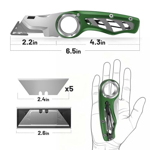 Folding Utility Knife Pocket Knife, Heavy-Duty Box Cutter with Aluminum Body, Quick Change Blades, Anti Slip Finger Loop, Box Cutter for Home, Office, Warehouse, Durable Razor Knife, Box Knife - Green — view 3