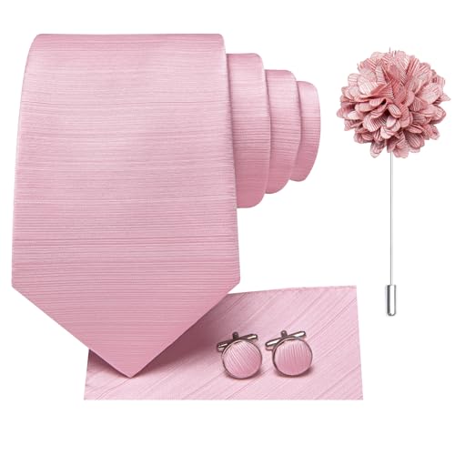 Image of Hi-Tie Men Silk Ties Set with Flower Lapel Pin Necktie Pocket Square Cufflinks for Tuxedo Wedding Business