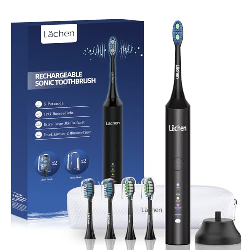 Lächen Spazzolino elettrico sonico, 5 modalità, spazzolino elettrico sonico con custodia da viaggio, 4 testine di ricambio, ricarica USB per 60 giorni, timer, IPX7, impermeabile, nero