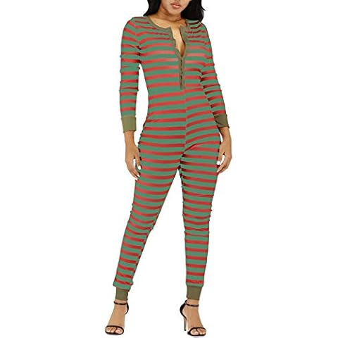 VNVNE Women's Petite Ugly Christmas Onesie Stripe Print One Piece Pajamas Clubwear Nightwear Long Sleeve Jumpsuit Sleepwear (Green, L) Cover
