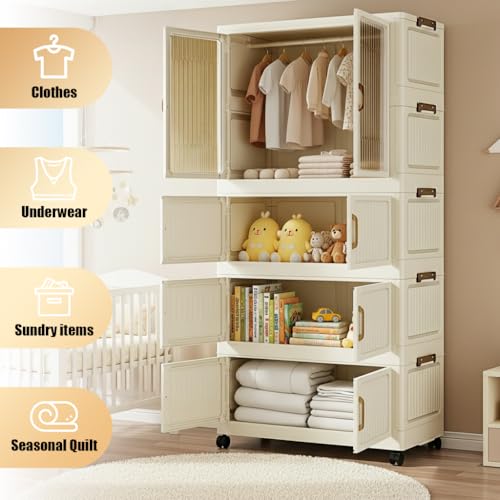 Image of HASTHIP 4-Door Collapsible Plastic Wardrobe 55x33x141cm Stackable Folding Wardrobe Cabinet Organizer with Door Universal Caster Wheels with Brake Freestanding Easy Almirah for Clothes and Bedroom