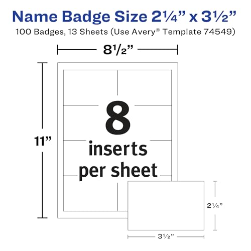 Image of Avery Customizable Name Badges, Pin Style, 2.25 inch x 3.5 inch, Clear Name Tag Holders, White Laser /Inkjet Printable Inserts, 100 Total (74549)