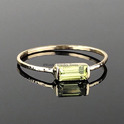 August Birthstone Rings-Green Gemstone Rings-Baguette Shape Peridot Rings-925 Sterling Silver Rings For Womens-Stacking Yellow Gold Plating Rings, Size 4 #TOP1