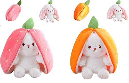 ULTHOOL Strawberry and Carrot Reversible Bunny Plush, 2PCS Bunny Stuffed Animal Plush Toys, Easter Rabbit Plushie Pillow with Zipper, Soft Lovely Gift for Boys and Girls (2PCS 7" Strawberry+Carrot)
