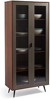 Spinningfield 2 Door Display Cabinet - Display Case w/Fluted Glass Doors - Wood Effect Luxury Sideboard w/Shelving - Kitchen, Living Room & Hallway Storage - Walnut & Grey - Oxford Range