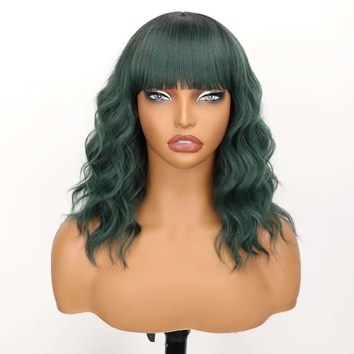 Image of Nnzes Ombre Green Wigs with Bangs for Women Short Bob Synthetic Wigs Shoulder Length Wavy Heat Resistant Hair for Daily Party Use