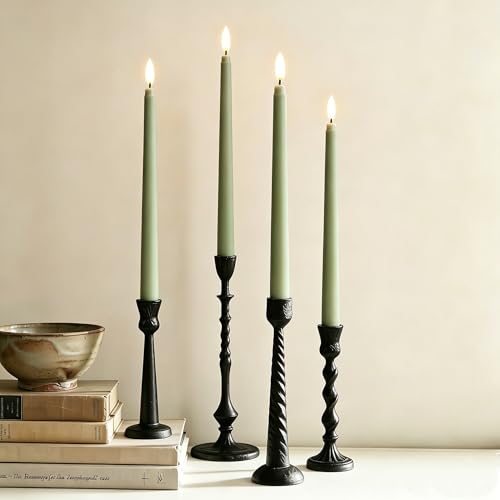 Image of Sage Green Flameless Taper Candles with Remote, Flickering Battery LED Candlesticks Home Decor Set of 4