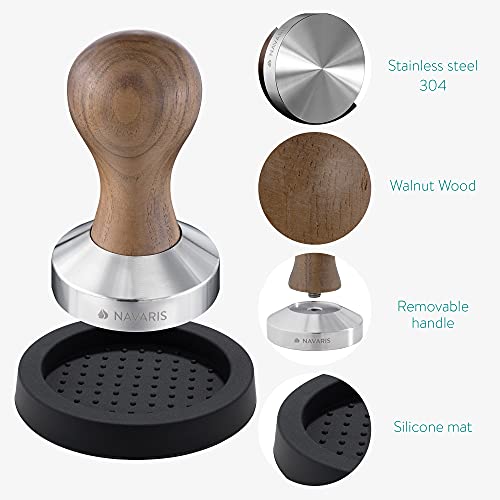 Navaris Coffee Tamper Set - Milk Jug and Stainless Steel Espresso Press with Walnut Handle for Coffee - 51mm Coffee Ground Compressor - Image 4