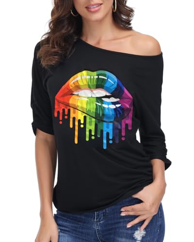 ELFIN Damen T-Shirt 80er Jahre Party-Shirts Sexy Lippen Drucken One-Shoulder-Shirt Kurzarm Sommer Oberteil Casual Bluse Tops Schwarz-Lippen M