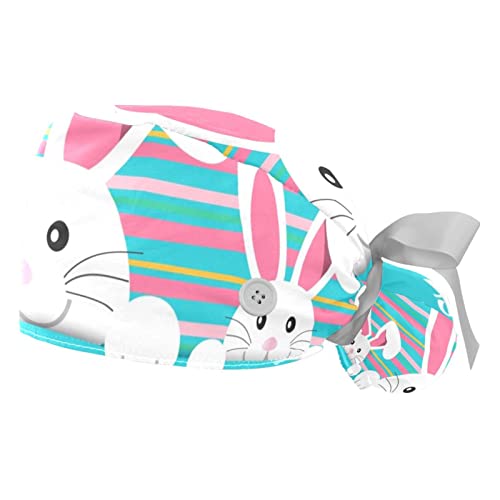 IROLSKDNFH 2 Pcs Working Cap with Buttons Sweatband Happy Easter Day Bunny Ribbon Tie Back Bouffant Hats